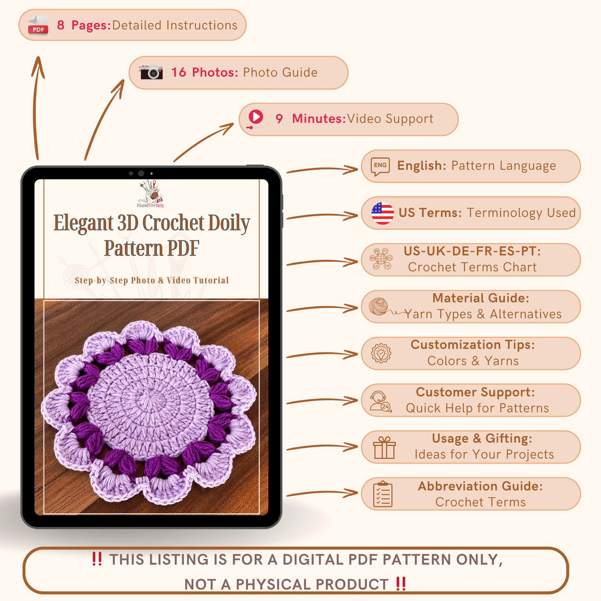 Elegant 3D Crochet Doily Pattern PDF, Vintage Floral Table Mat, Handmade Decorative Coaster - Hand Trendy