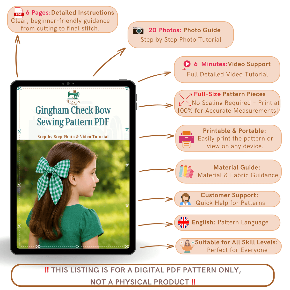 Gingham Check Bow Sewing Pattern PDF, DIY Fabric Hair Bow Pattern - Hand Trendy