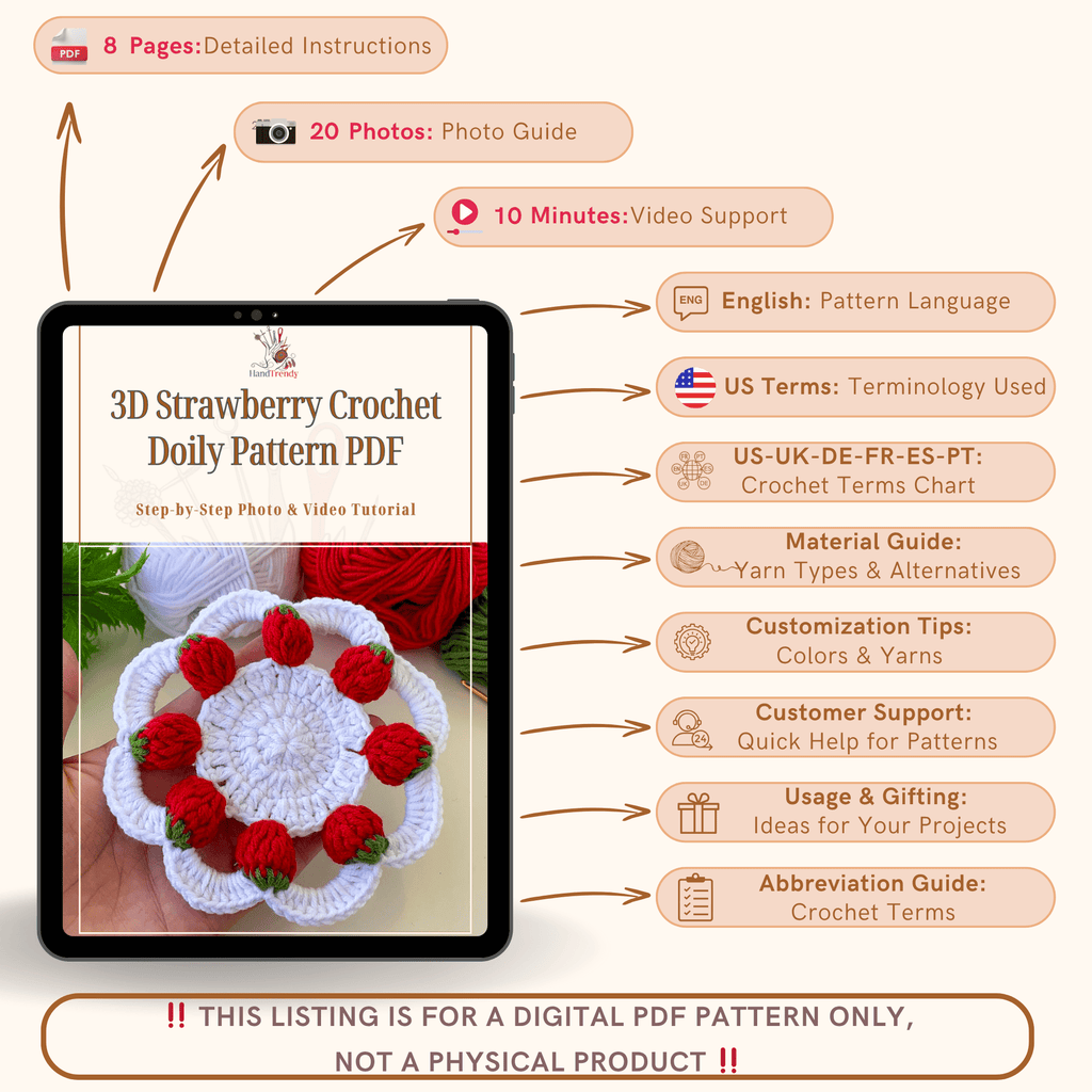 3D Strawberry Crochet Doily Pattern PDF, Unique Fruit - Themed Table Decor - Hand Trendy