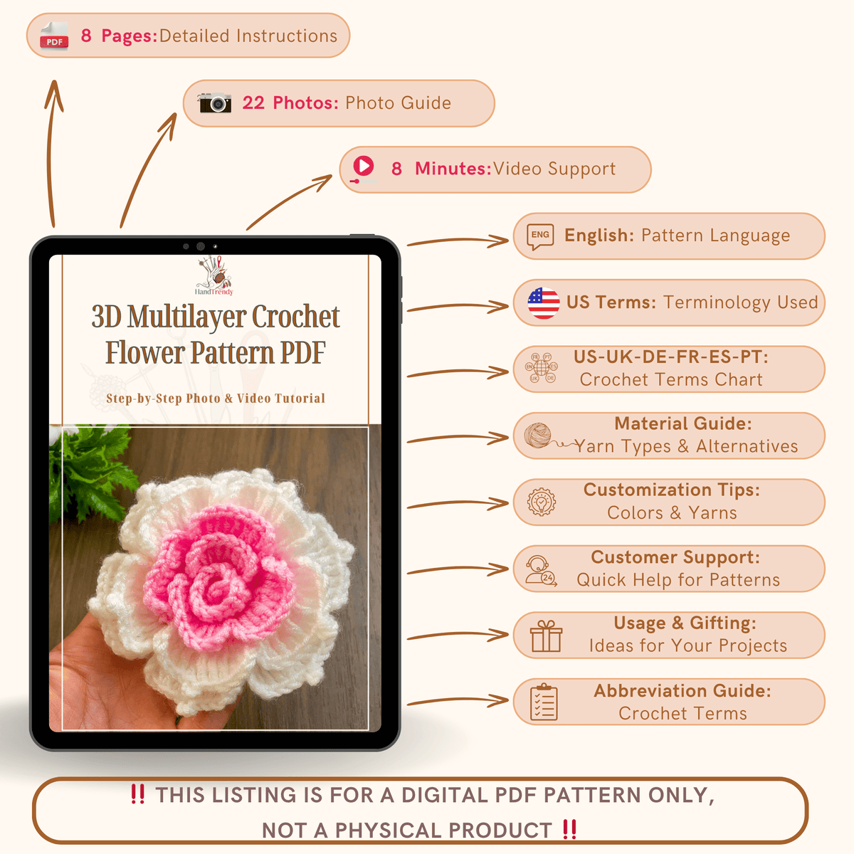 3D Multilayer Crochet Flower Pattern PDF, Textured Floral Applique - Hand Trendy