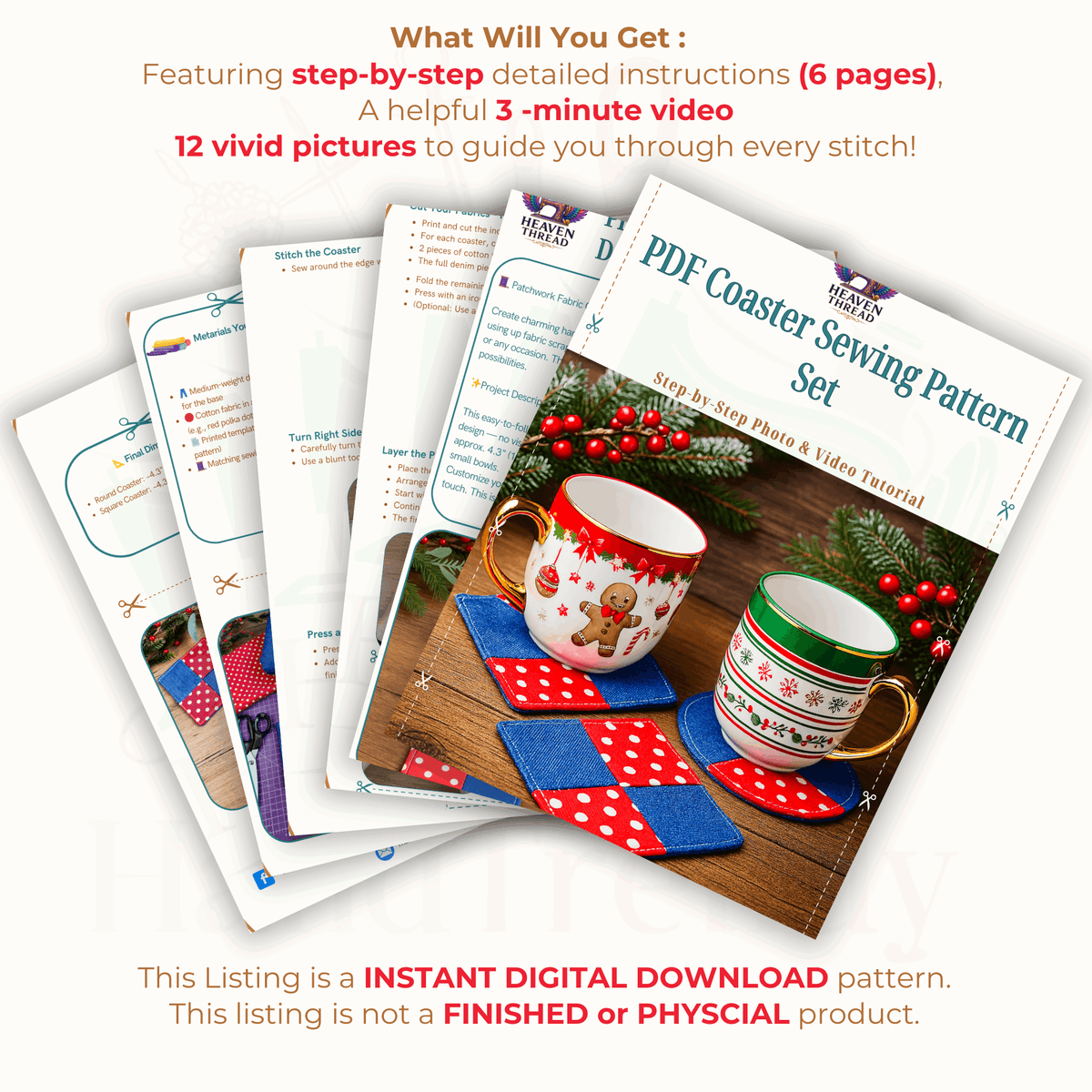 Sewing Coaster Set Pattern for Christmas - DIY Fabric Patchwork Mug Rugs in Christmas - Hand Trendy
