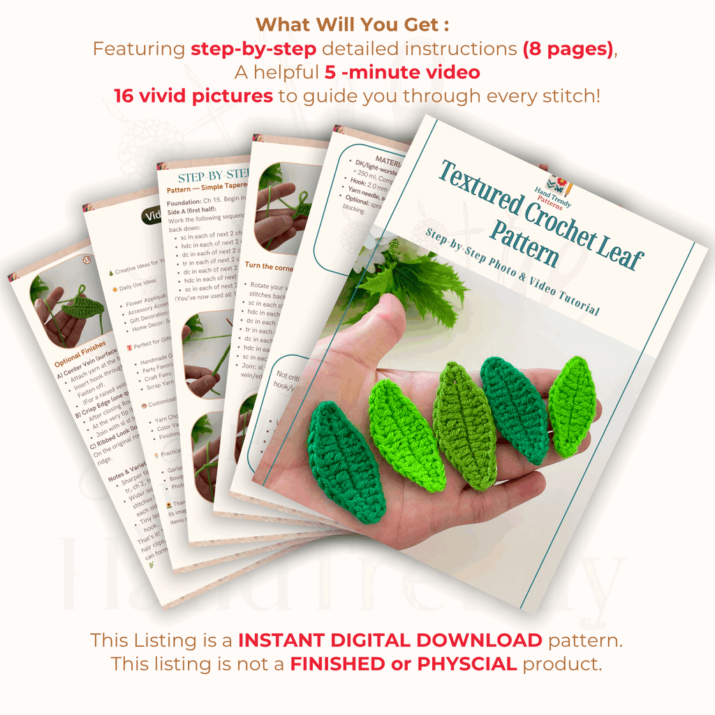 Textured Crochet Leaf Pattern PDF, 3D Botanical Applique Tutorial - Hand Trendy