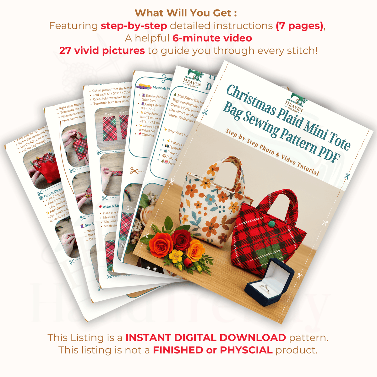 Mini Christmas Tote Bag Sewing Pattern PDF, Small Gift Bag DIY Template - Hand Trendy