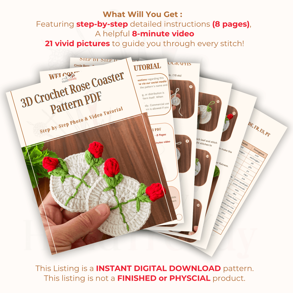 3D Crochet Rose Coaster Pattern PDF, Elegant Handmade Bloom Placemat - Hand Trendy