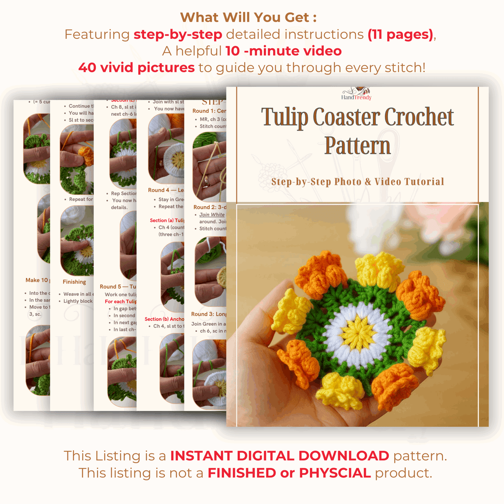 Tulip Coaster Crochet Pattern – Colorful Flower Doily PDF - Spring Floral Table Decor - Hand Trendy