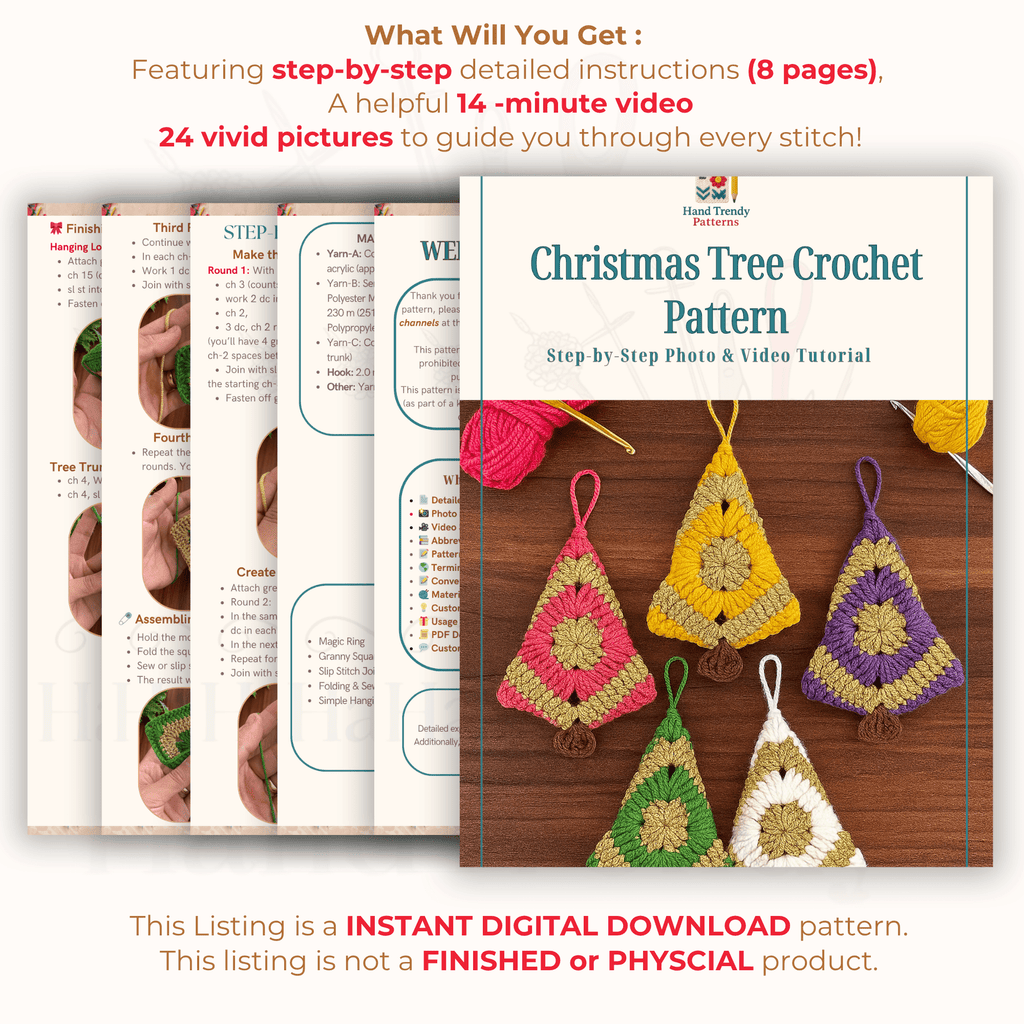 Christmas Tree Crochet Pattern PDF – Mini Holiday Ornament Tutorial – Handmade Crochet Xmas Decoration - Hand Trendy