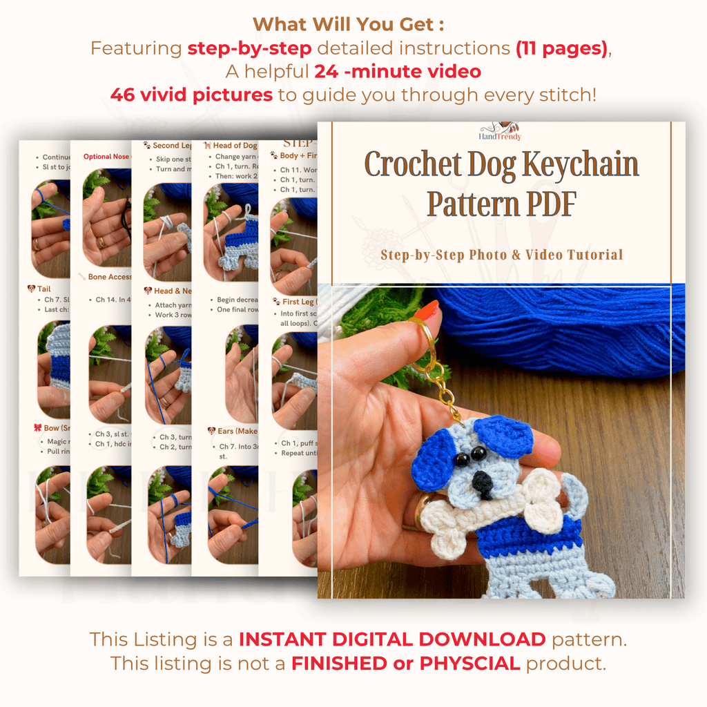 Crochet Dog Keychain Pattern PDF, DIY Puppy Applique Tutorial, Cute Dog Lover Gift - Hand Trendy
