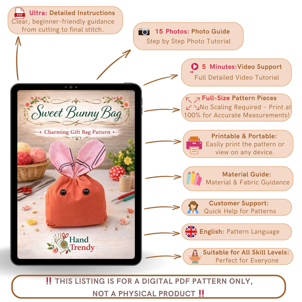 Bunny Treat Bag Sewing Pattern PDF Easter Gift Pouch With Ears Drawstring Candy Bag Template