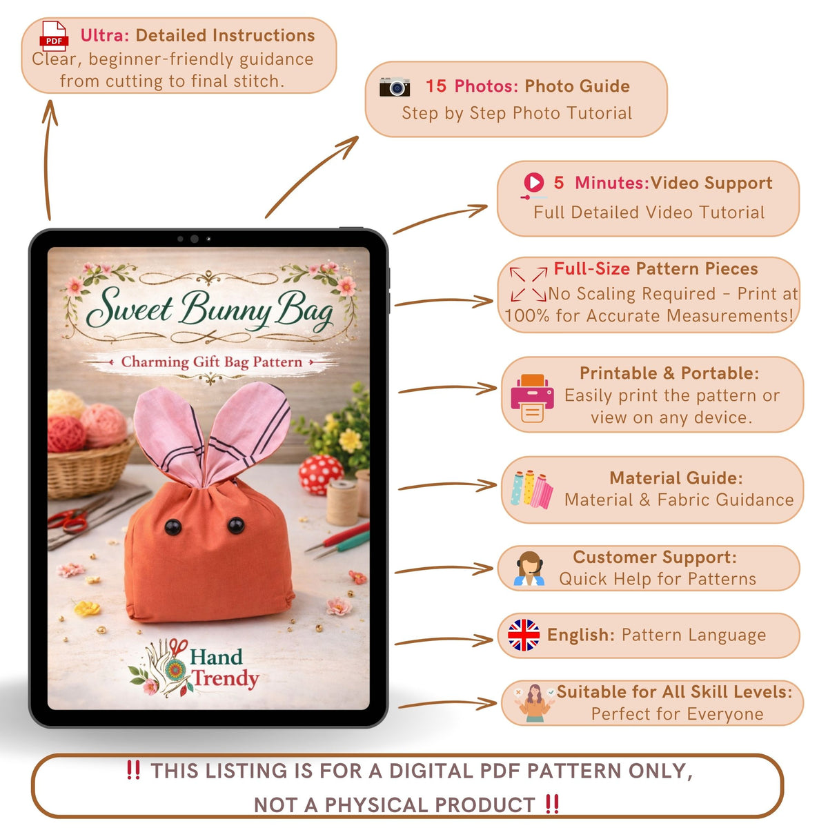 Bunny Treat Bag Sewing Pattern PDF Easter Gift Pouch With Ears Drawstring Candy Bag Template