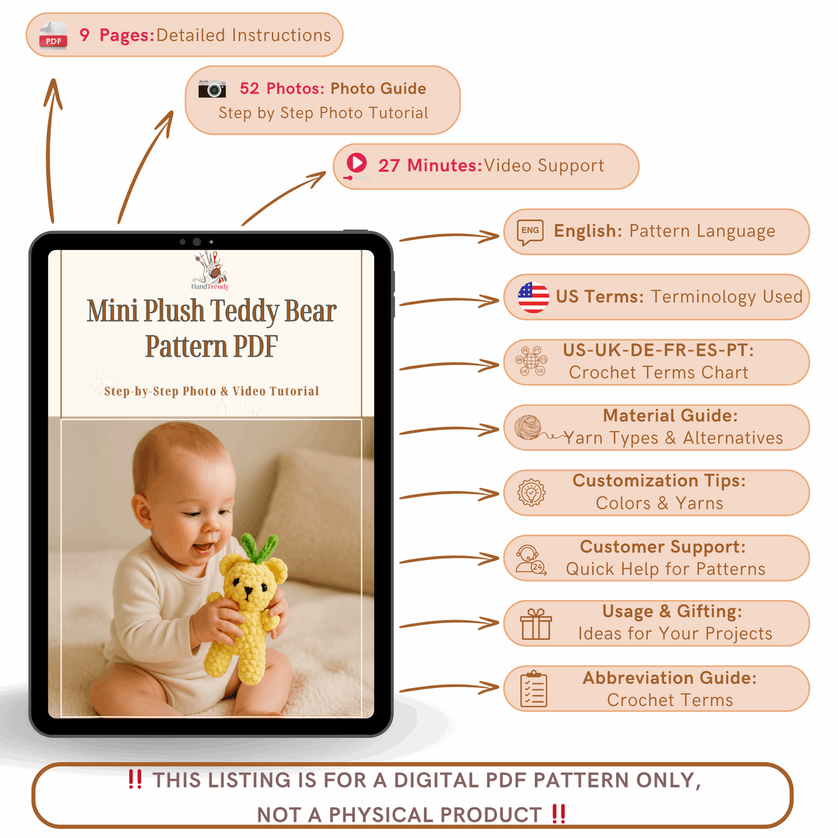 Mini Plush Teddy Bear Pattern PDF, Amigurumi Small Velvet Bear Tutorial, DIY Soft Toy for Babies - Hand Trendy