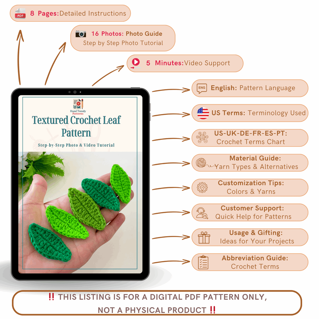 Textured Crochet Leaf Pattern PDF, 3D Botanical Applique Tutorial - Hand Trendy