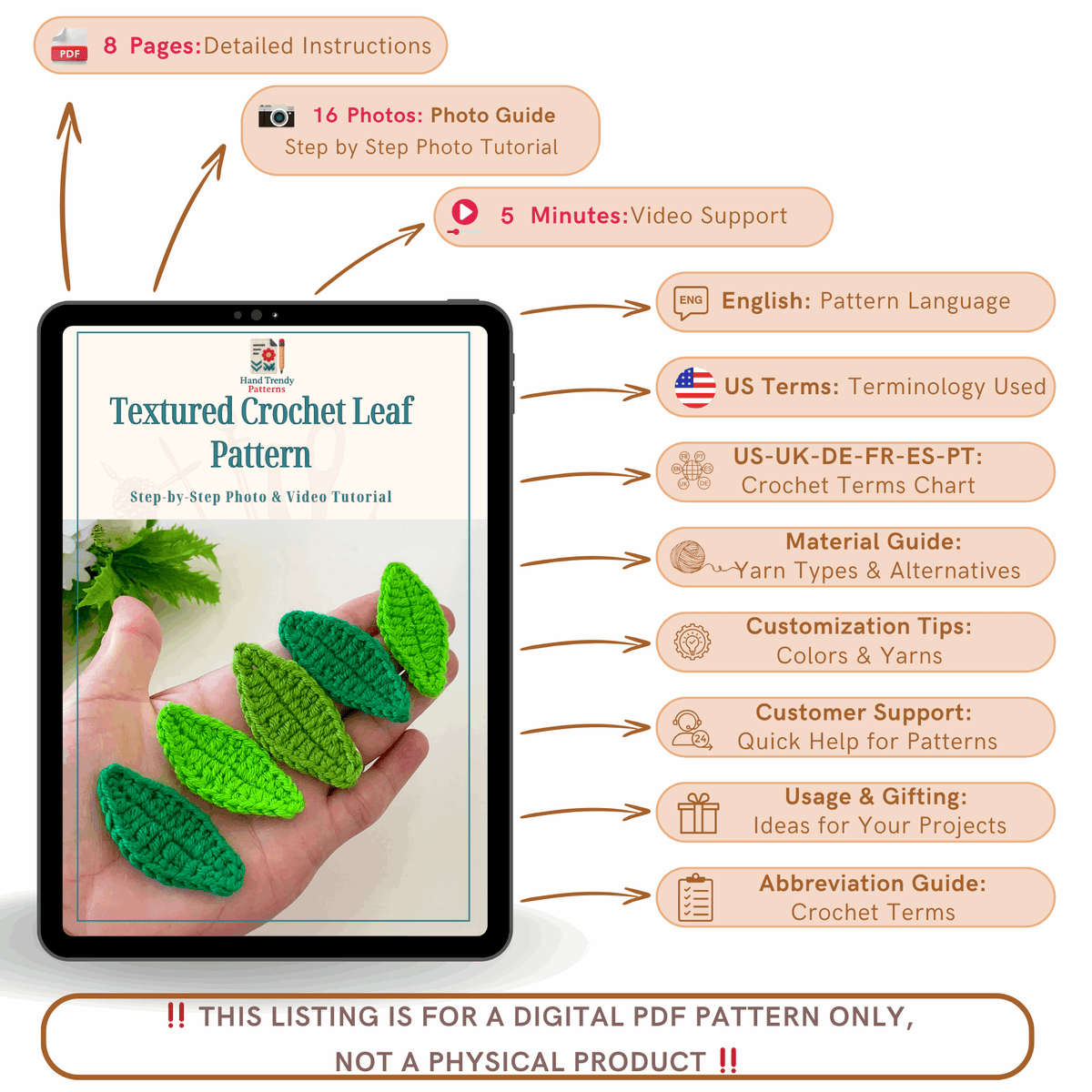 Textured Crochet Leaf Pattern PDF, 3D Botanical Applique Tutorial - Hand Trendy