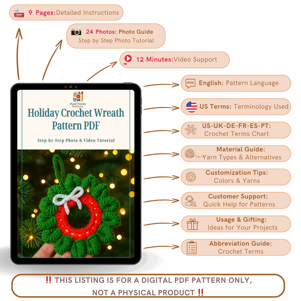 Holiday Crochet Wreath Pattern PDF, DIY Red Green Xmas Decoration Guide - Hand Trendy