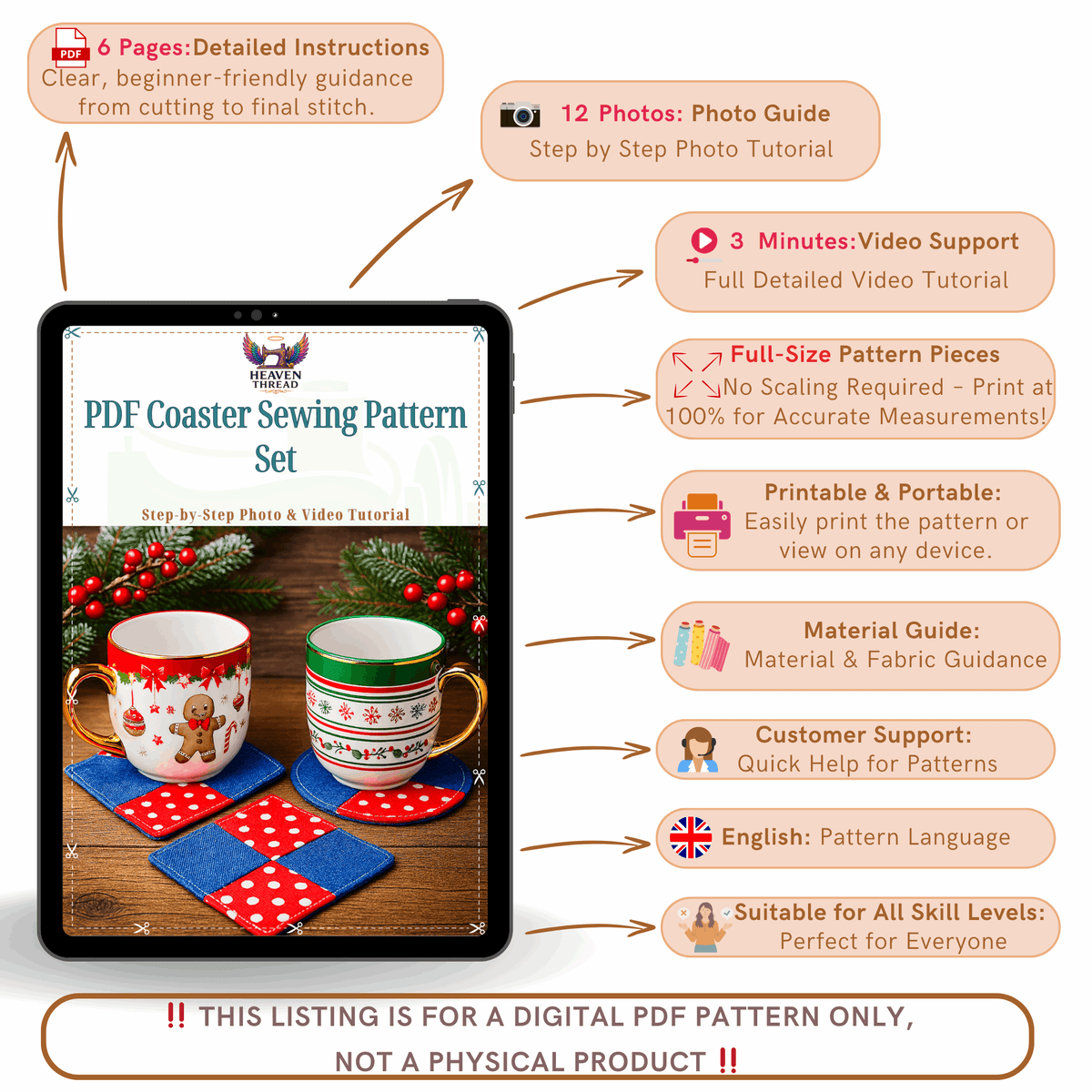 Sewing Coaster Set Pattern for Christmas - DIY Fabric Patchwork Mug Rugs in Christmas - Hand Trendy