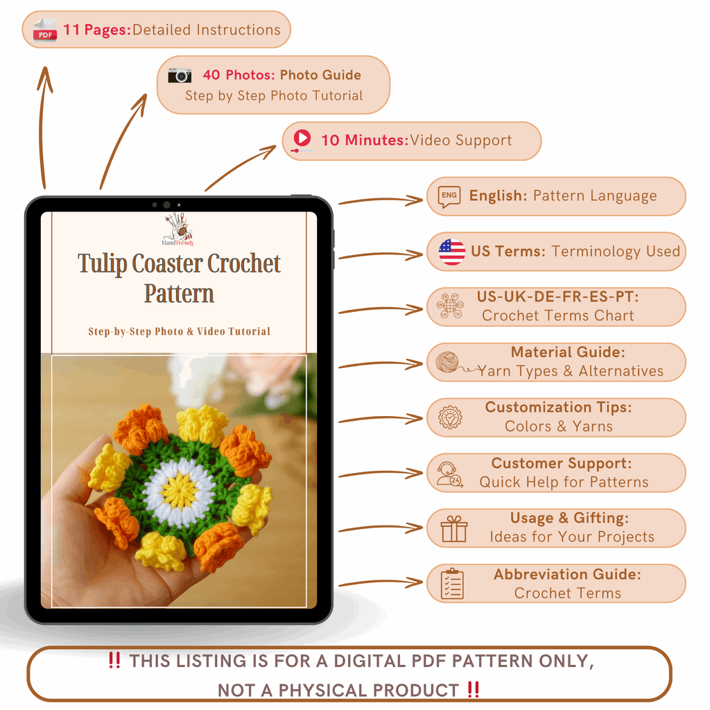 Tulip Coaster Crochet Pattern – Colorful Flower Doily PDF - Spring Floral Table Decor - Hand Trendy