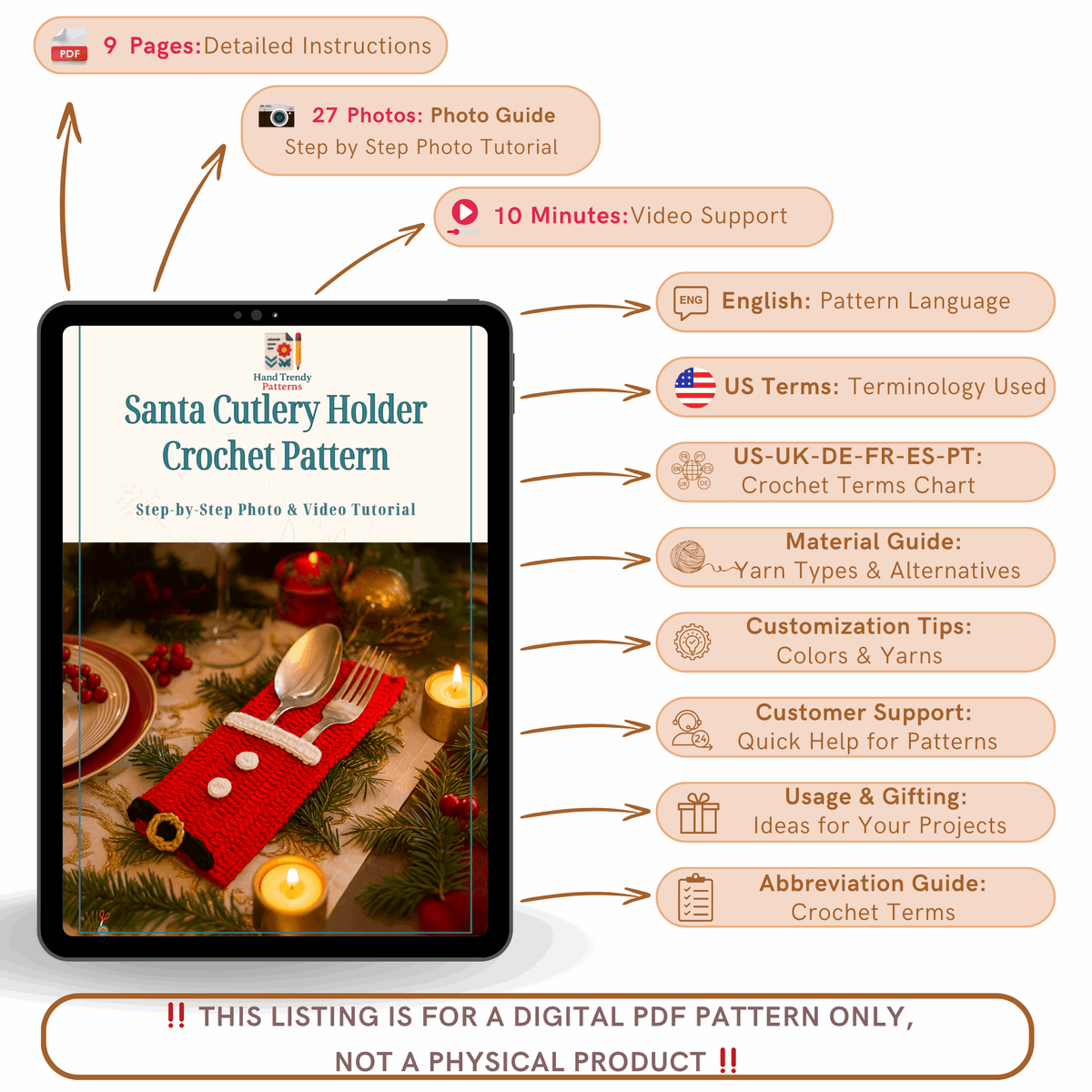 Santa Cutlery Holder Crochet Pattern PDF For Christmas Table Decor - Hand Trendy