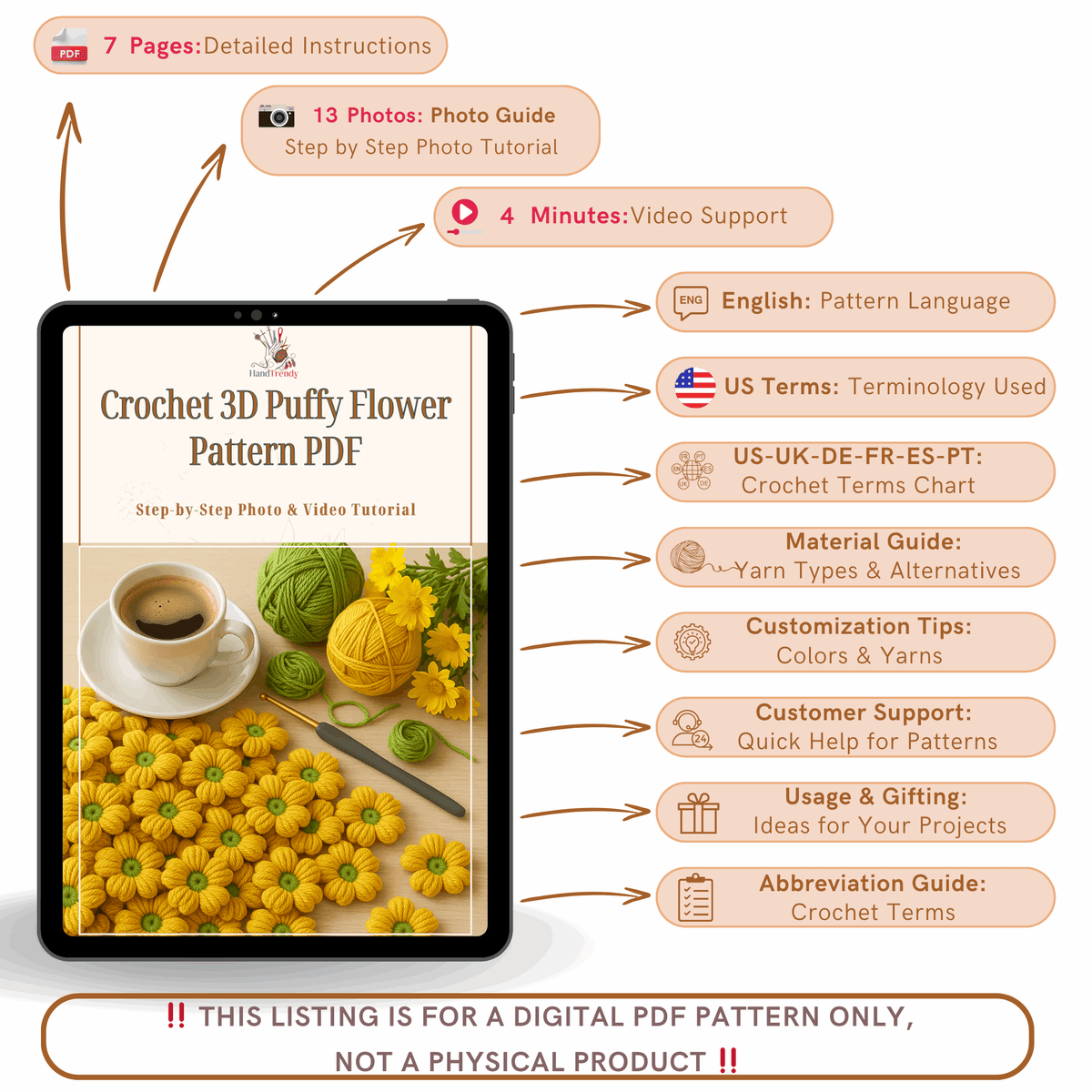 Crochet 3D Puffy Flower Pattern PDF, Textured Bloom Applique Tutorial - Hand Trendy