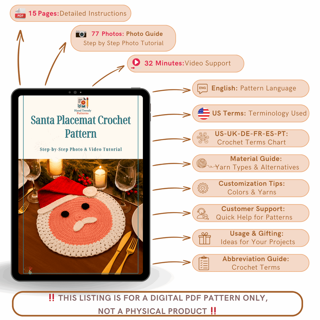 Santa Placemat Crochet Pattern PDF For Christmas Table Decor - Hand Trendy