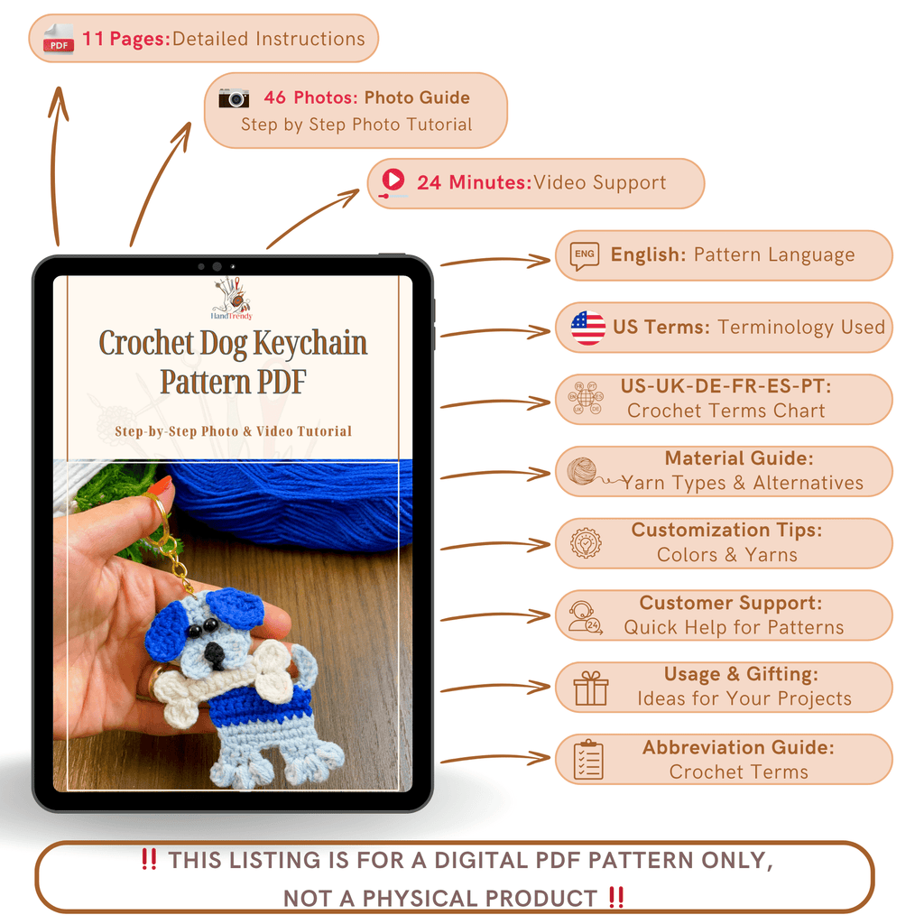 Crochet Dog Keychain Pattern PDF, DIY Puppy Applique Tutorial, Cute Dog Lover Gift - Hand Trendy