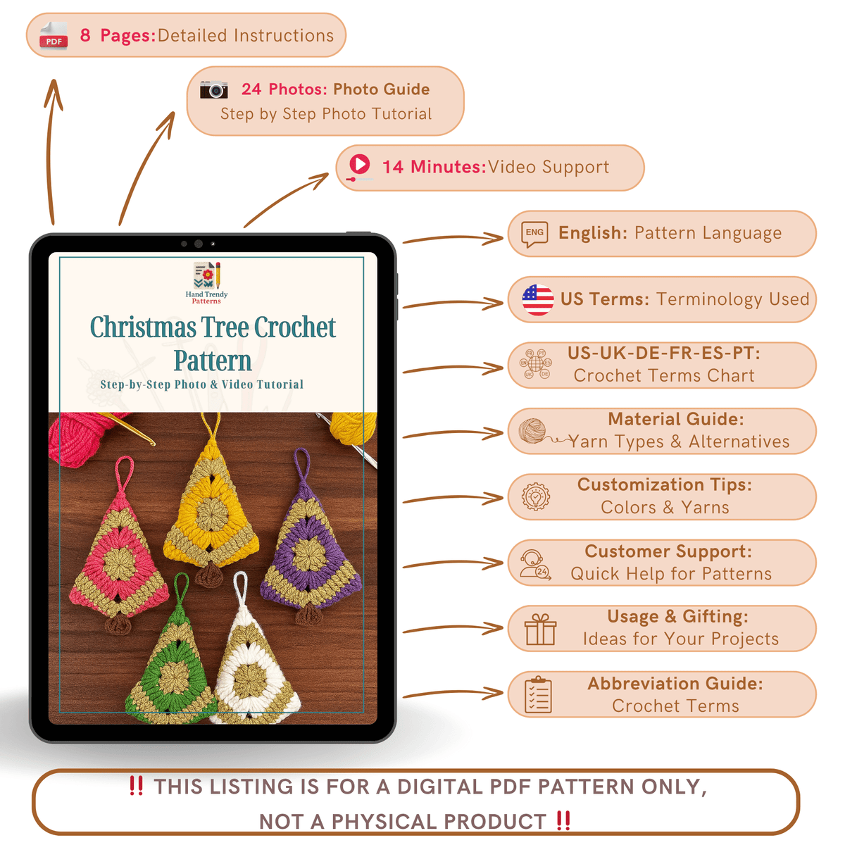 Christmas Tree Crochet Pattern PDF – Mini Holiday Ornament Tutorial – Handmade Crochet Xmas Decoration - Hand Trendy