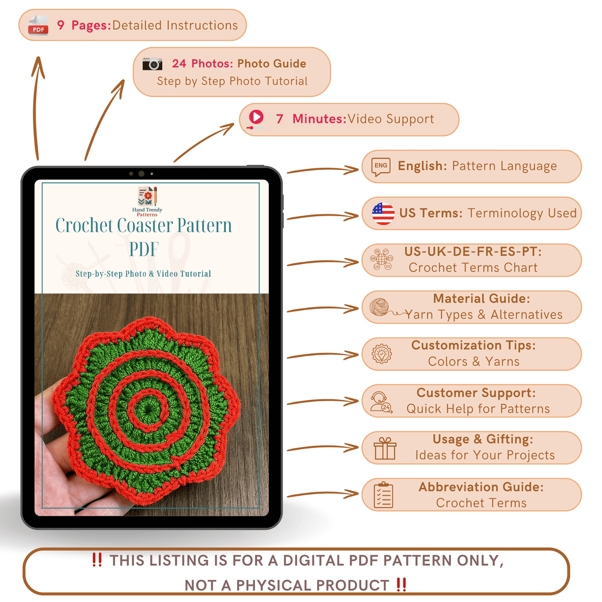 Crochet Coaster Pattern PDF – Spiral Edge Round Coaster Tutorial – Handmade Crochet Mug Mat or Gift Idea - Hand Trendy