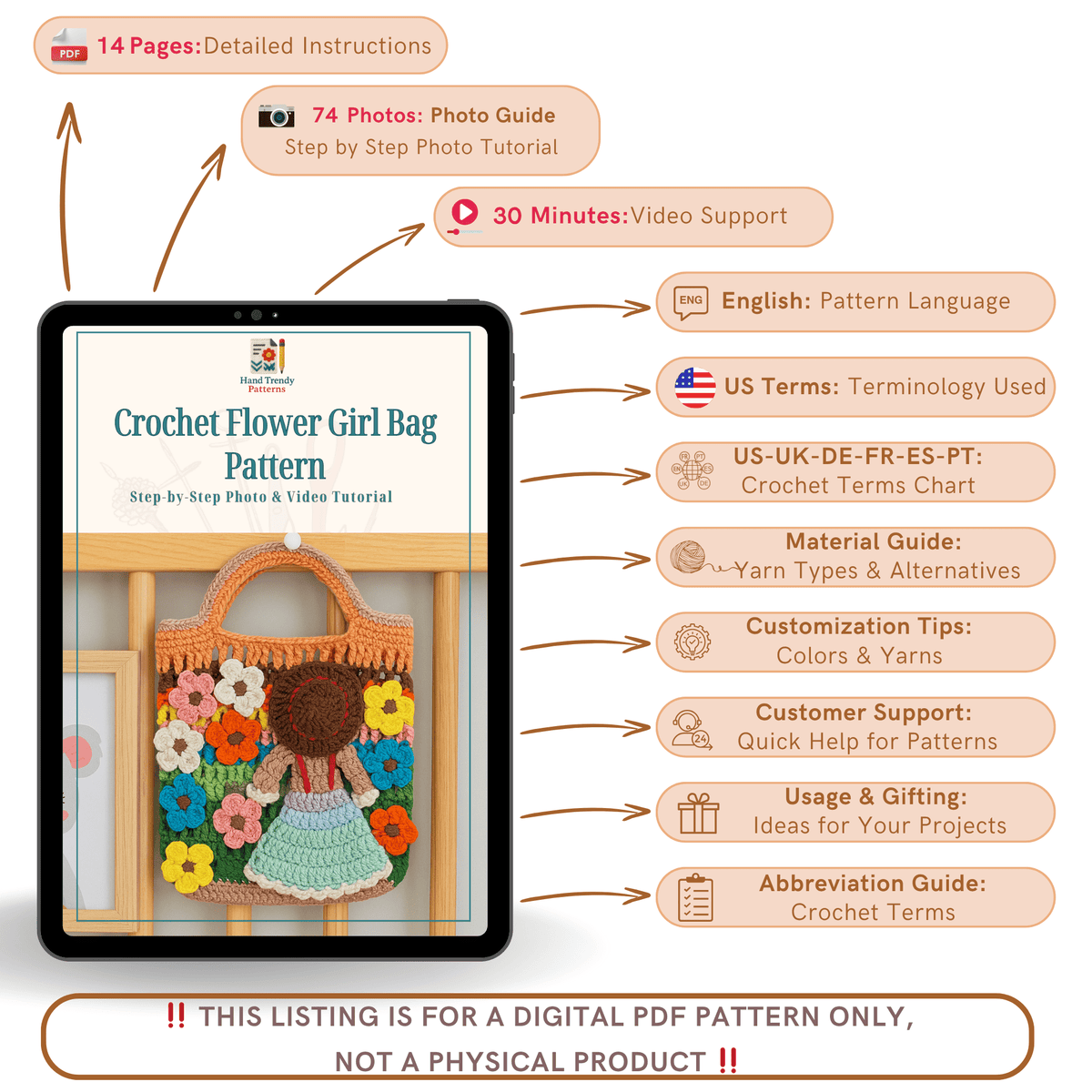 Crochet Flower Girl Bag Pattern PDF – Handmade Crochet Tote Tutorial – Floral Crochet Purse - Hand Trendy