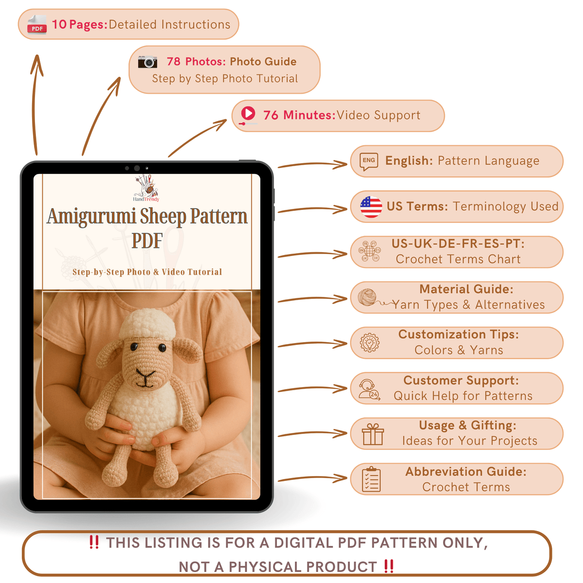 Amigurumi Sheep Pattern PDF, Crochet Plush Lamb Tutorial, Easy Stuffed Animal Pattern - Hand Trendy