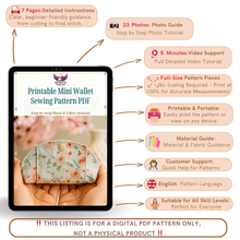 Printable Mini Wallet Sewing Pattern PDF – Small Zipper Pouch Pattern for Coin Purse