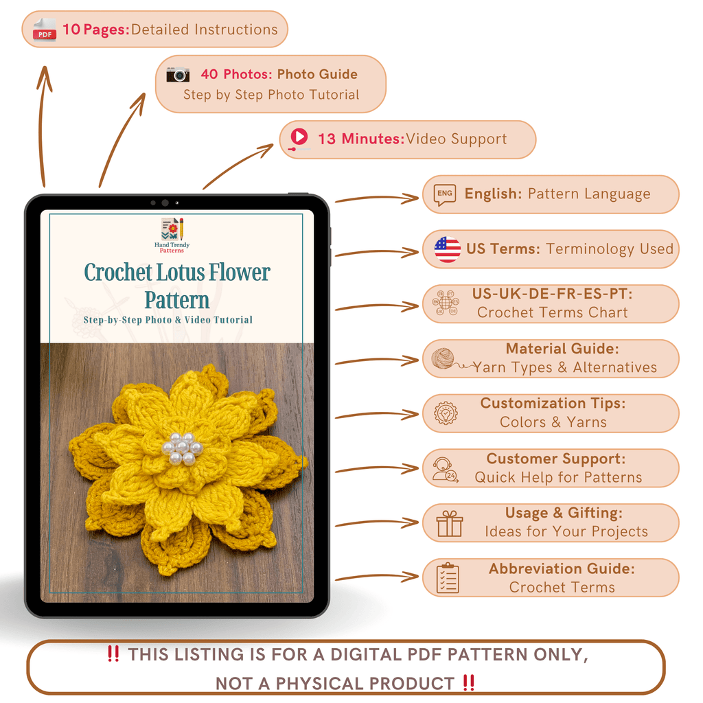 Crochet Lotus Flower Pattern PDF – 3D Layered Floral Appliqué Tutorial – Handmade Crochet Brooch or Hair Accessory - Hand Trendy