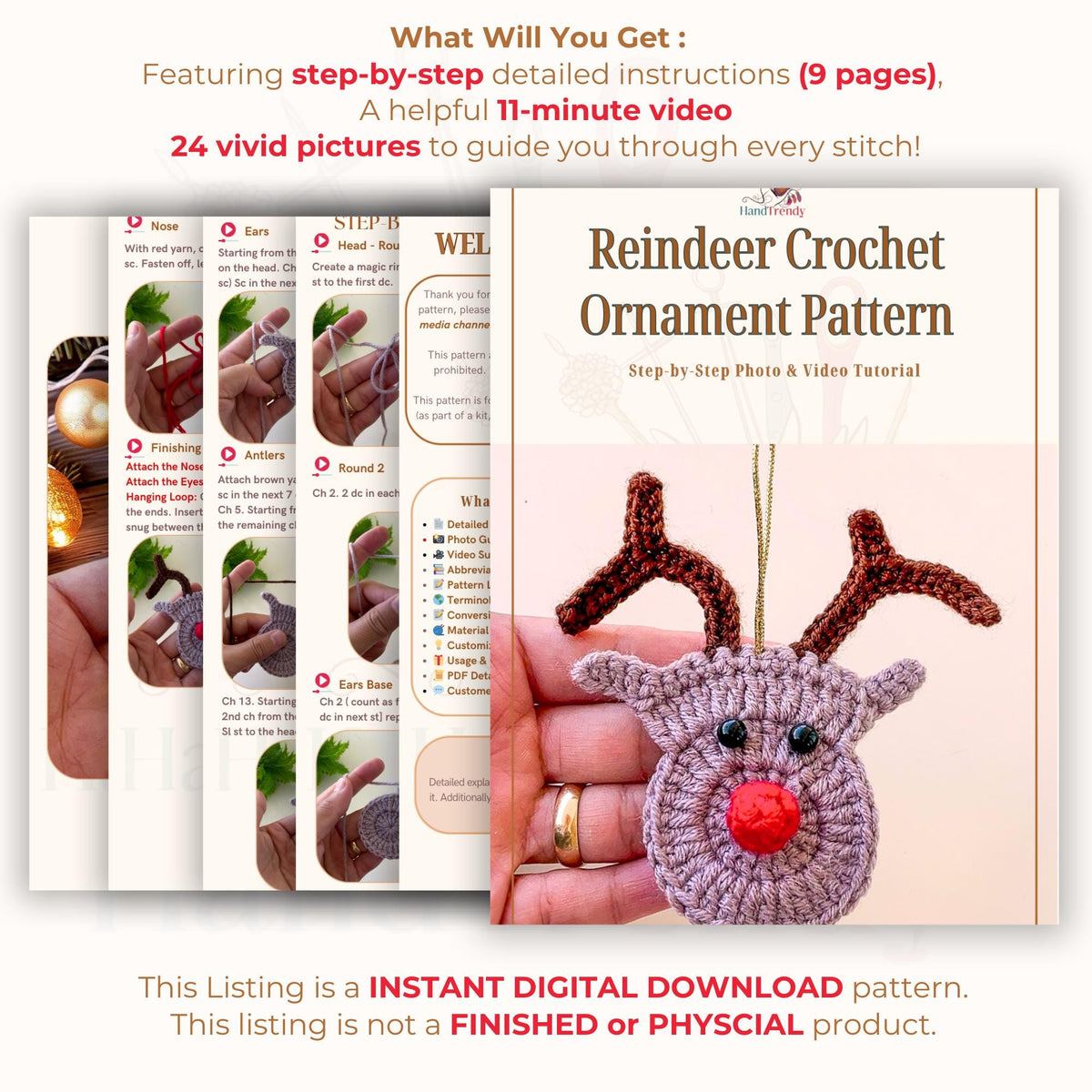 Reindeer Crochet Ornament Pattern PDF - Handmade Holiday Ornament PDF Tutorial for Beginners - Hand Trendy