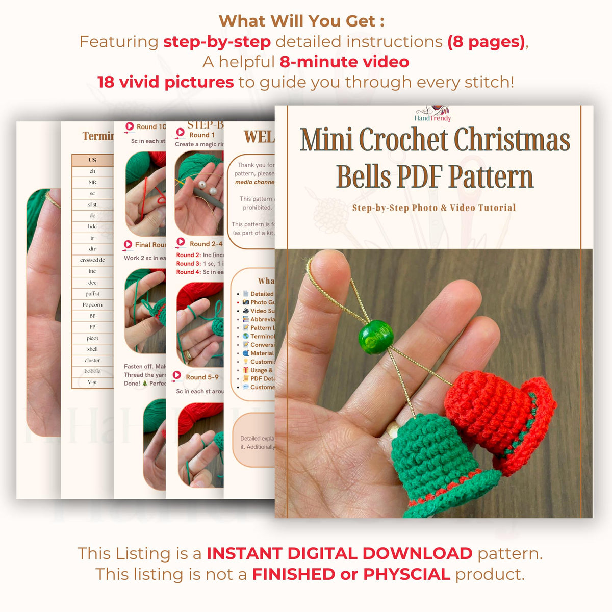 Mini Crochet Christmas Bells PDF Pattern - Handmade Small Bell Decorations - Hand Trendy