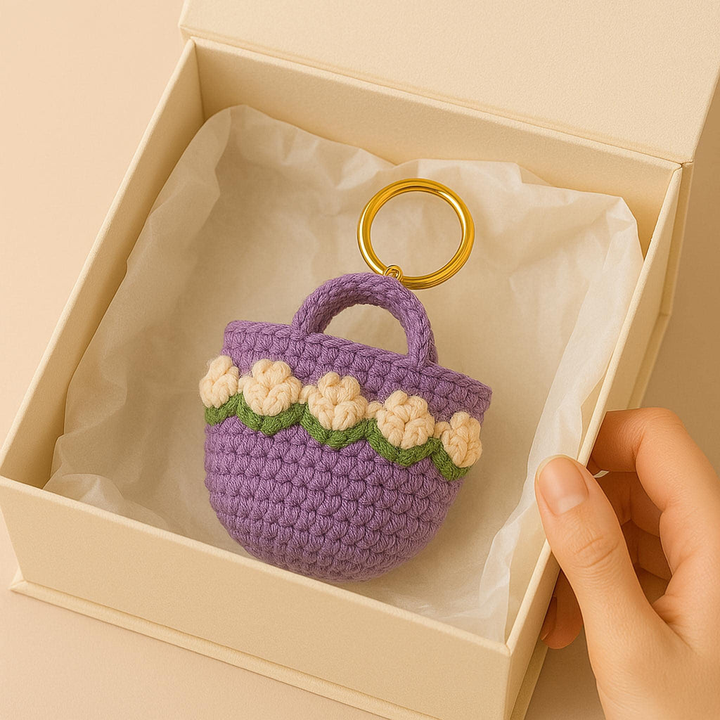Floral Bag Keychain Crochet PDF Pattern - Mini Flower Purse Keyring Tutorial - Hand Trendy