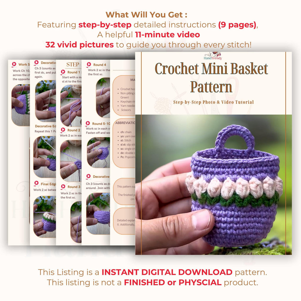 Floral Bag Keychain Crochet PDF Pattern - Mini Flower Purse Keyring Tutorial - Hand Trendy
