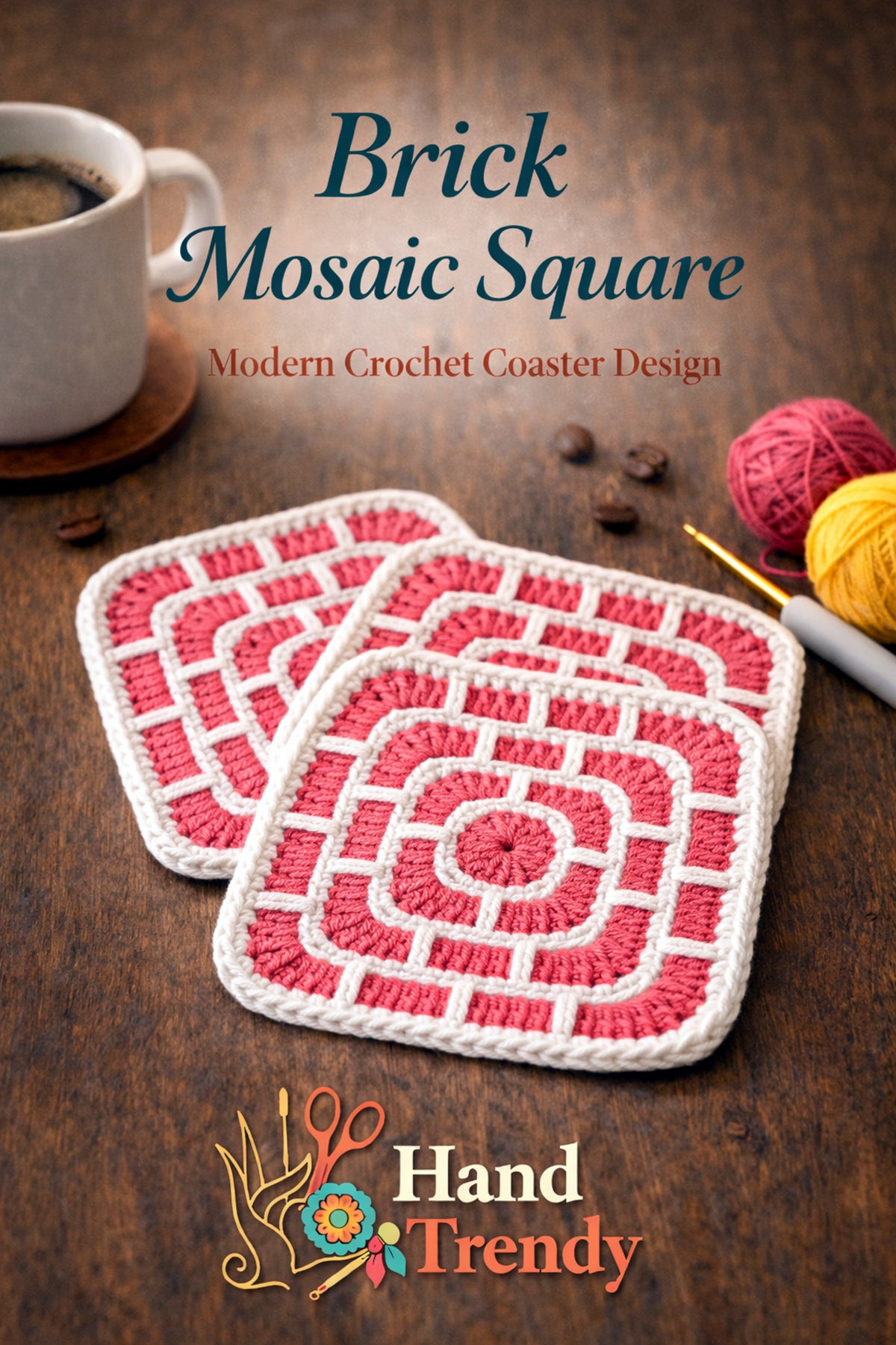 Brick Square Crochet Coaster Pattern Geometric Mug Rug Modern Home Decor PDF
