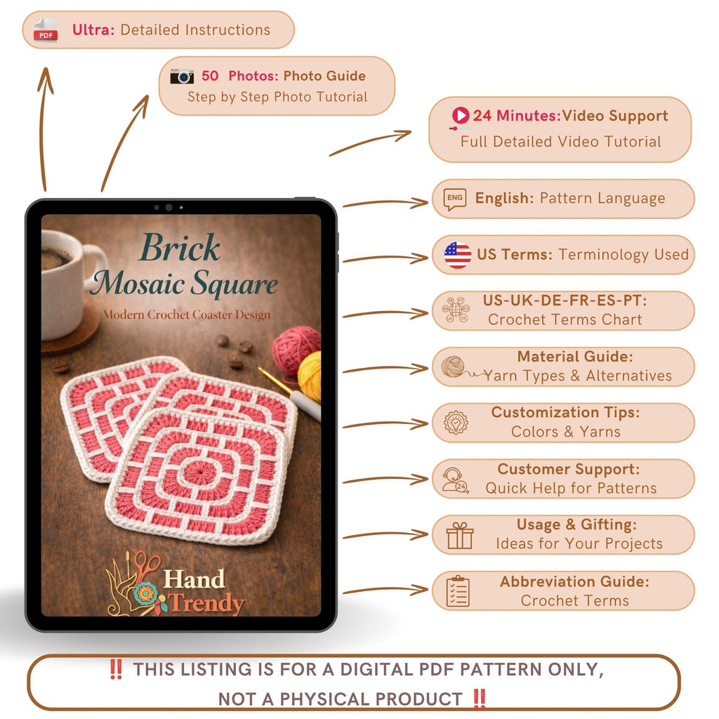 Brick Square Crochet Coaster Pattern Geometric Mug Rug Modern Home Decor PDF