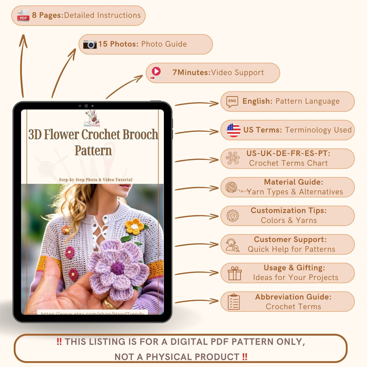 3D Flower Crochet Brooch Pattern PDF Guide - Easy Crochet Flower Motif - Hand Trendy