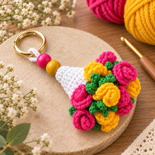 Folded Rose Bouquet Keychain Pattern, Crochet Floral Bag Charm, Mini Flower Cone Ornament PDF Tutorial
