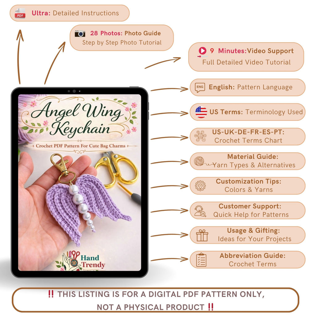 Crochet Angel Wing Keychain Pattern PDF, Bag Charm Tutorial, Pearl Beaded Keyring Design, Handmade Gift Accessory