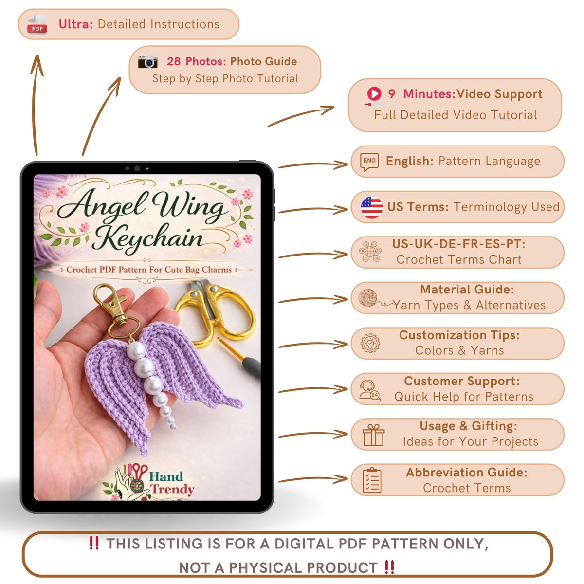 Crochet Angel Wing Keychain Pattern PDF, Bag Charm Tutorial, Pearl Beaded Keyring Design, Handmade Gift Accessory