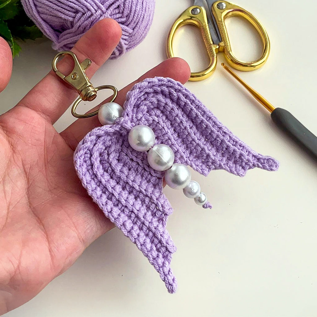 Crochet Angel Wing Keychain Pattern PDF, Bag Charm Tutorial, Pearl Beaded Keyring Design, Handmade Gift Accessory