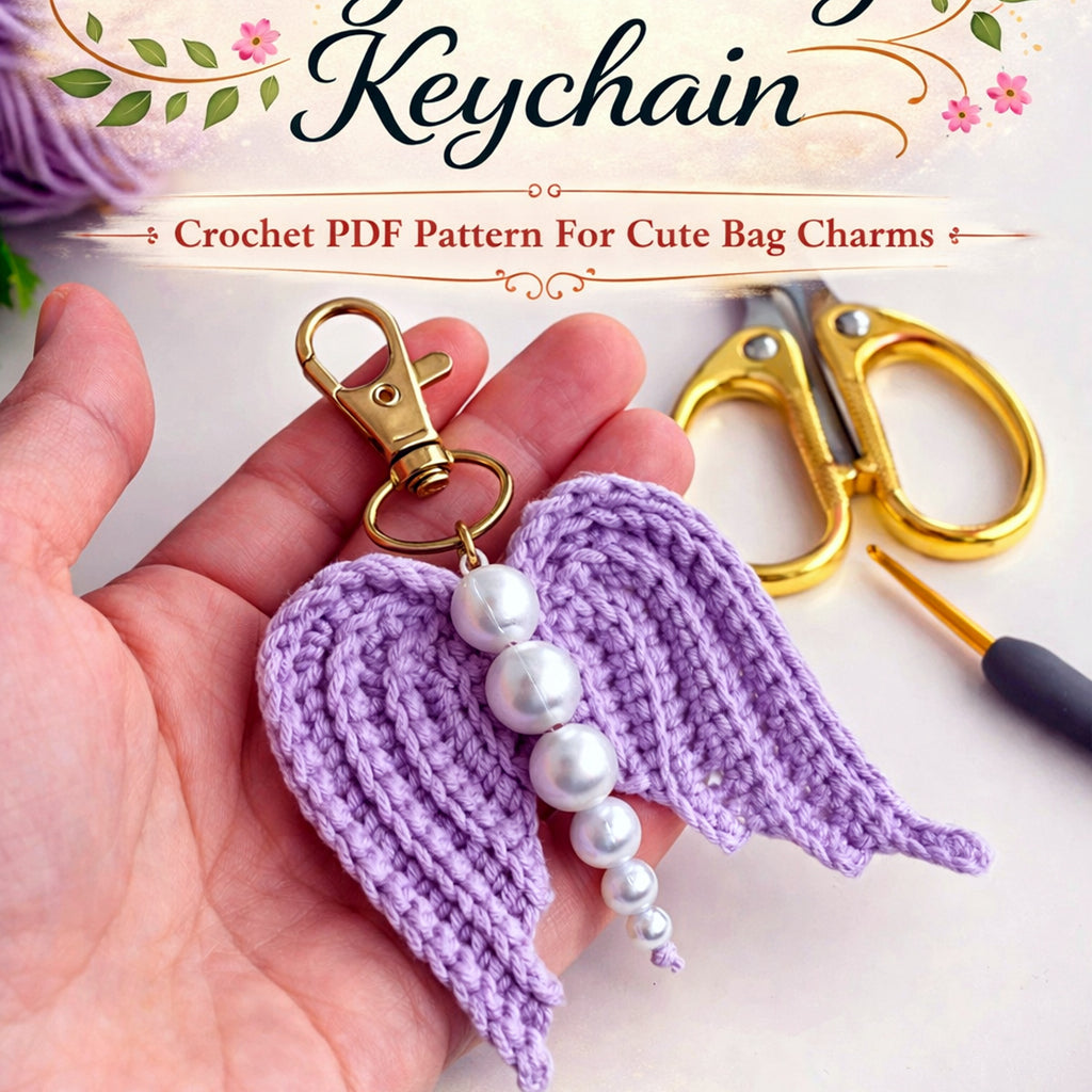Crochet Angel Wing Keychain Pattern PDF, Bag Charm Tutorial, Pearl Beaded Keyring Design, Handmade Gift Accessory