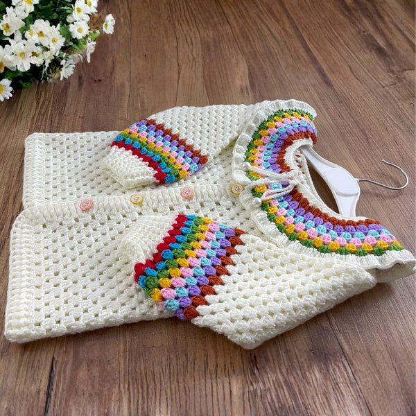 Crochet Baby Cardigan Pattern PDF, Rainbow Collar Sweater Tutorial, Buttoned Infant Jacket Design, Granny Stitch Detail