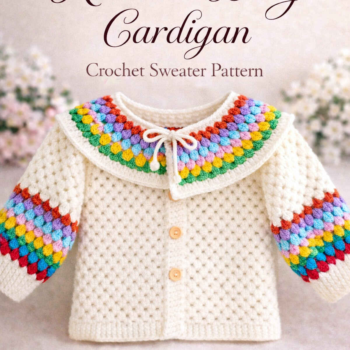 Crochet Baby Cardigan Pattern PDF, Rainbow Collar Sweater Tutorial, Buttoned Infant Jacket Design, Granny Stitch Detail