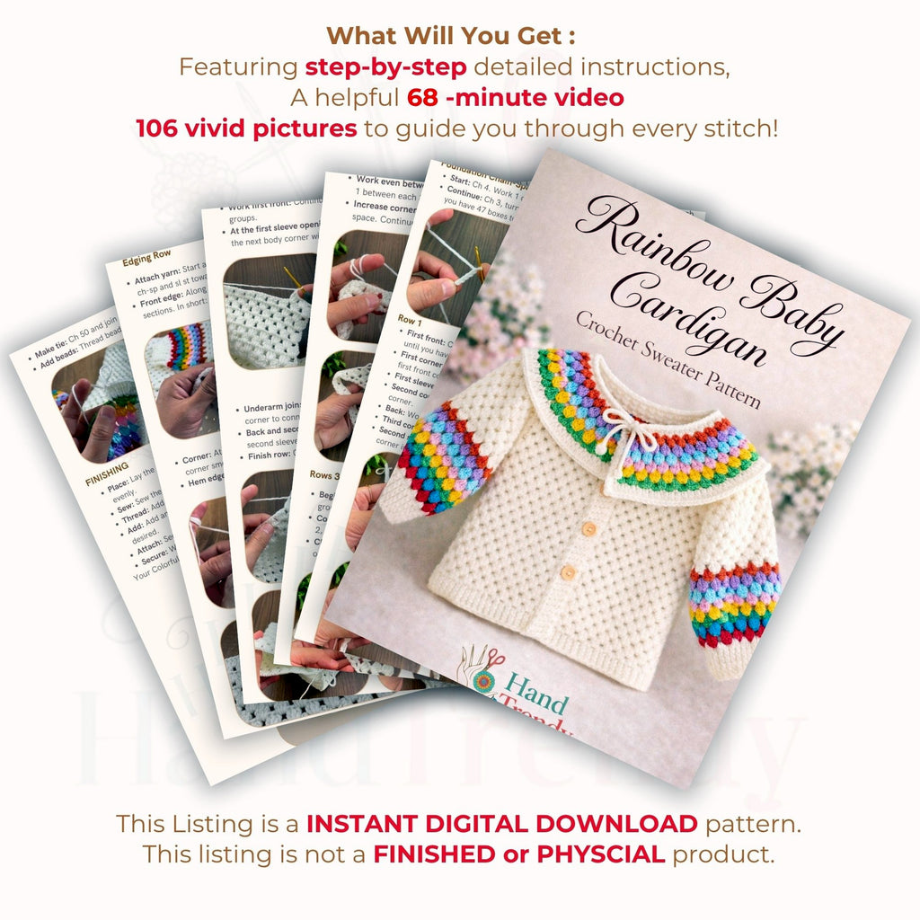 Crochet Baby Cardigan Pattern PDF, Rainbow Collar Sweater Tutorial, Buttoned Infant Jacket Design, Granny Stitch Detail