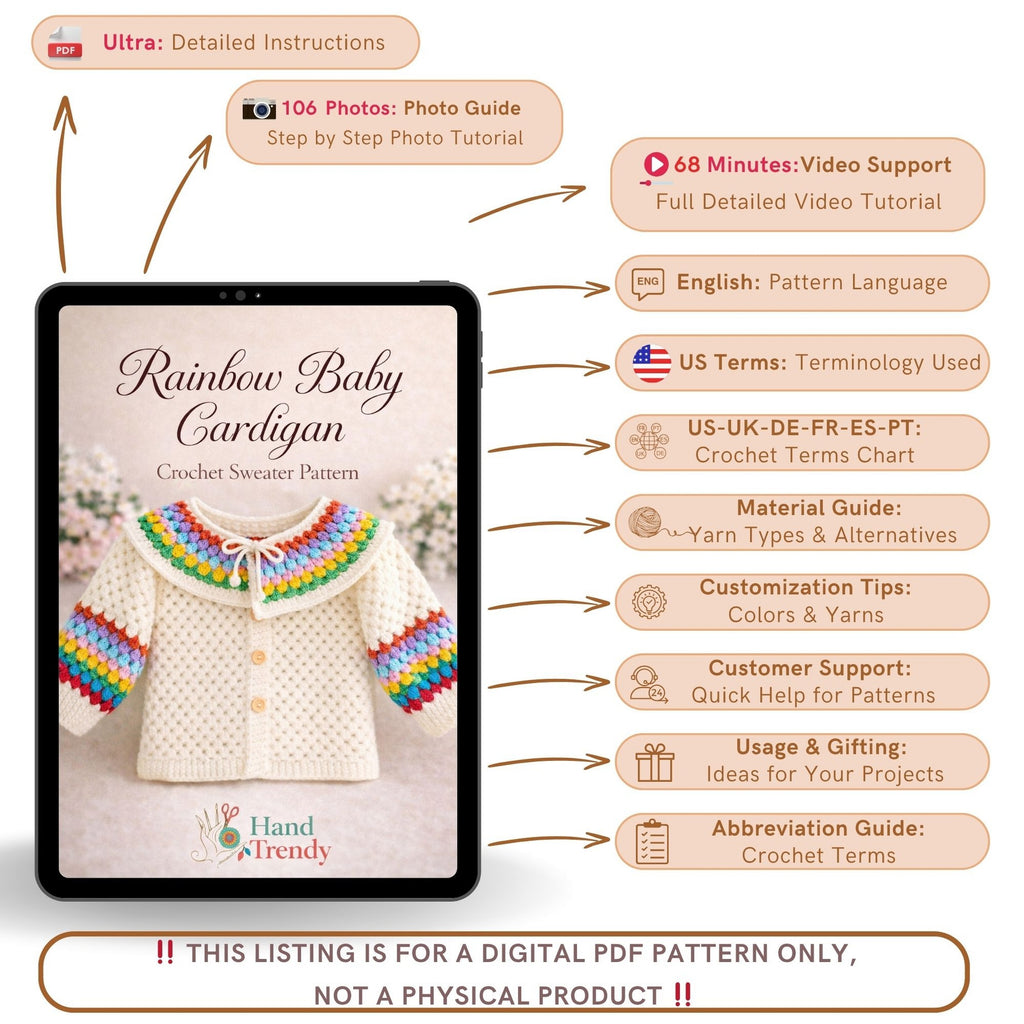 Crochet Baby Cardigan Pattern PDF, Rainbow Collar Sweater Tutorial, Buttoned Infant Jacket Design, Granny Stitch Detail