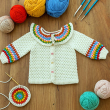 Crochet Baby Cardigan Pattern PDF, Rainbow Collar Sweater Tutorial, Buttoned Infant Jacket Design, Granny Stitch Detail