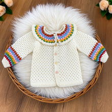Crochet Baby Cardigan Pattern PDF, Rainbow Collar Sweater Tutorial, Buttoned Infant Jacket Design, Granny Stitch Detail