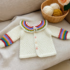 Crochet Baby Cardigan Pattern PDF, Rainbow Collar Sweater Tutorial, Buttoned Infant Jacket Design, Granny Stitch Detail