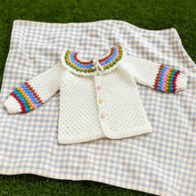 Crochet Baby Cardigan Pattern PDF, Rainbow Collar Sweater Tutorial, Buttoned Infant Jacket Design, Granny Stitch Detail