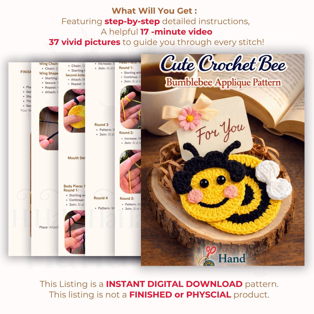 Crochet Bee Applique Pattern PDF, Cute Bumblebee Motif Design, Kids Bag Patch, Spring Nursery Decor Tutorial